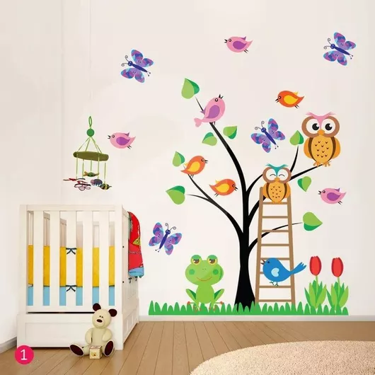 Παιδικό Αυτοκόλλητο Τοίχου Sticky Owls Tree Μικρό 118x140cm Καφέ/Πράσινο/Μοβ