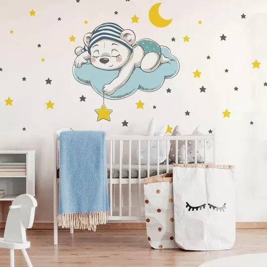 Παιδικό Αυτοκόλλητο Τοίχου Sticky Cute Dreaming Bear Cartoon Γαλάζιο