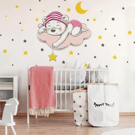 Παιδικό Αυτοκόλλητο Τοίχου Sticky Cute Dreaming Bear Cartoon Ροζ