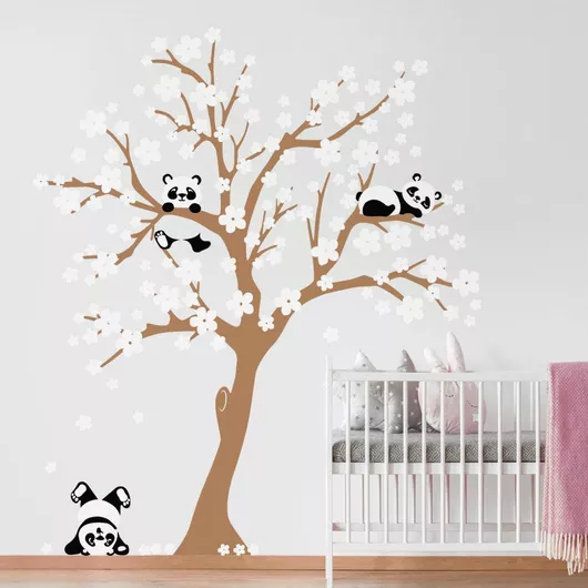 Παιδικό Αυτοκόλλητο Τοίχου Sticky Cute Panda με Λευκό Λουλούδια Μπεζ 