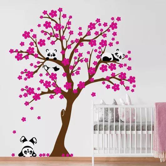 Παιδικό Αυτοκόλλητο Τοίχου Sticky Cute Panda με Φούξια Λουλούδια Καφέ 