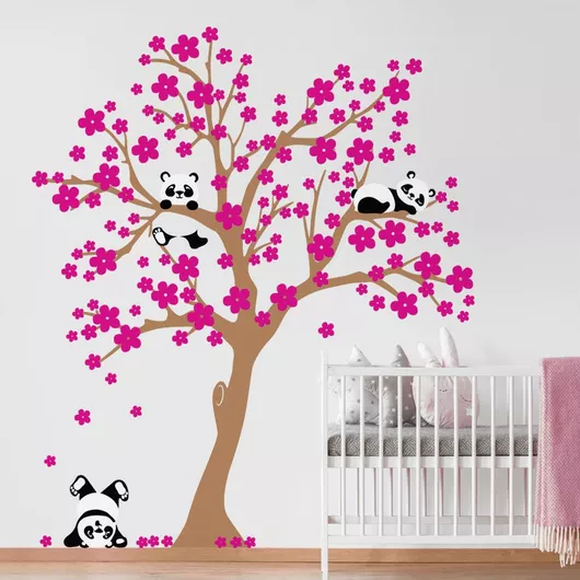 Παιδικό Αυτοκόλλητο Τοίχου Sticky Cute Panda με Φούξια Λουλούδια Μπεζ 