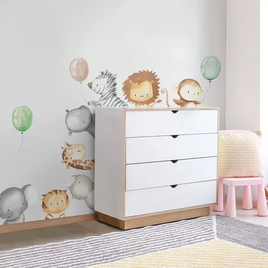 Παιδικό Αυτοκόλλητο Τοίχου Sticky Watercolor Jungle Animals With Balloons