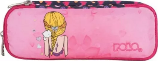 Σχολική Κασετίνα Polo 19 από Ύφασμα Διπλή Κορίτσι με Γάτα Ροζ