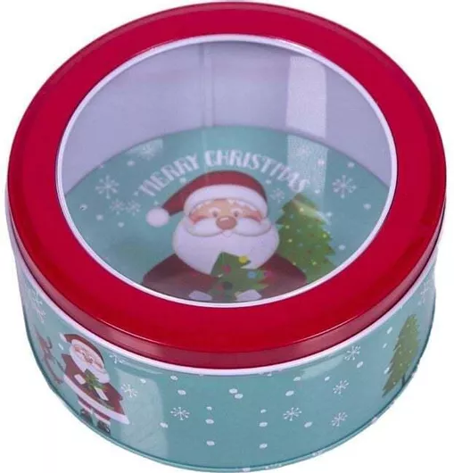 Χριστουγεννιάτικο Κουτί Άγιος Βασίλης Μεταλλικό Στρογγυλό 13.5x7cm Γαλάζιο/Κόκκινο