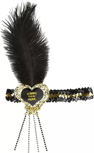 Αποκριάτικο Αξεσουάρ Widmann Κορδέλα Happy New Year με Πουλιά & Φτερό Μαύρο / Χρυσό