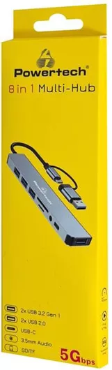 USB Hub Powertech PTR-0151 USB 3.2 8 Θυρών με Card Reader USB -A / USB -C Σύνδεση Γκρι