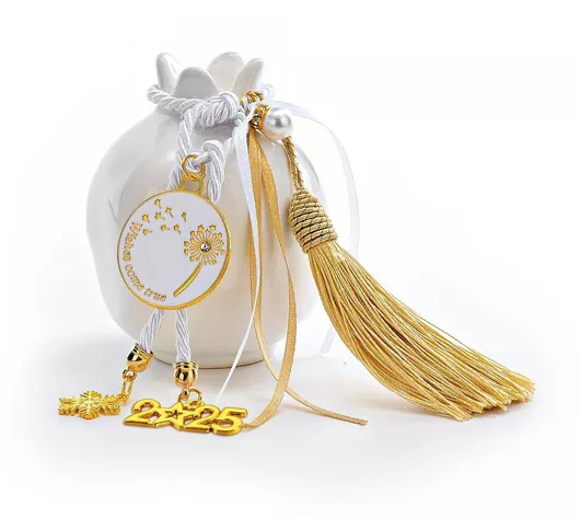 Γούρι για το Σπίτι Ρόδι 2025 Μεταλλικό Επιτραπέζιο Χειροποίητο 7x8.5cm Λευκό/Χρυσό