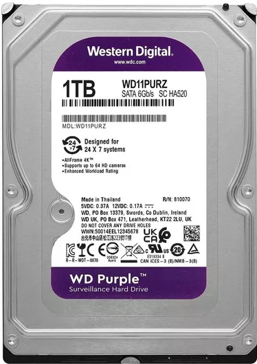 HDD Σκληρός Δίσκος Western Digital Purple 1TB 3.5" SATA III 5400rpm με 256MB Cache για Καταγραφικό