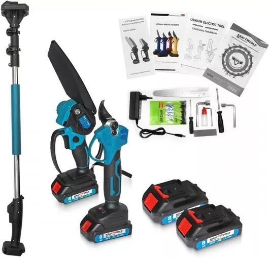 Σετ Αλυσοπρίονο & Ψαλίδι Κλαδέματος Kraftworld 21V με 2 Μπαταρίες & Τηλεσκοπικό Κοντάρι 2.2m