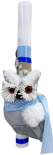 Πασχαλινή Λαμπάδα Χειροποίητη Στρογγυλή με Γκρι Κουκουβάγια Λευκό