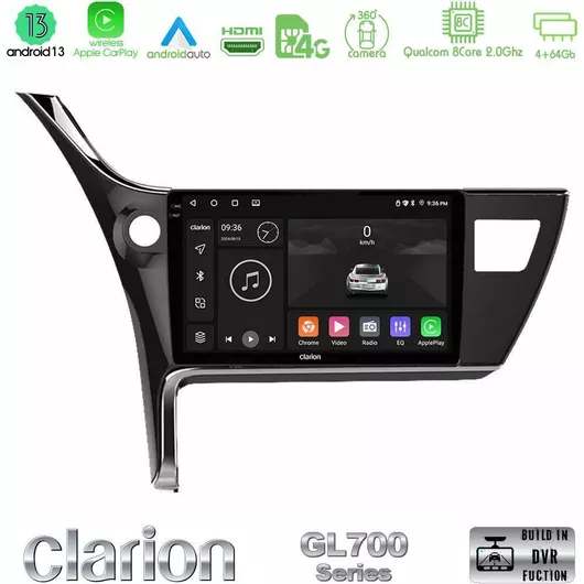 Ηχοσύστημα Αυτοκινήτου Clarion U-GL7-TY0158 GL700 Series 8Core Android 13 4+64GB για Toyota Corolla 2017-2018 Navigation Multimedia Tablet 10" με Carplay Android Auto