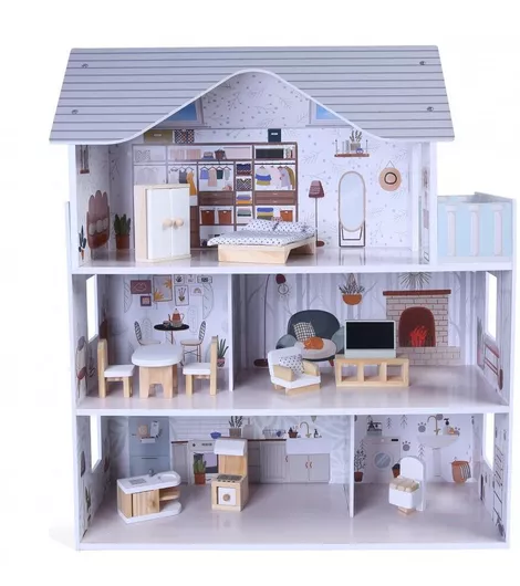 Κουκλόσπιτο Moni Byox Ξύλινο με 11 Έπιπλα & Σετ 4τμχ Μαλακά Αξεσουάρ Πολύχρωμο