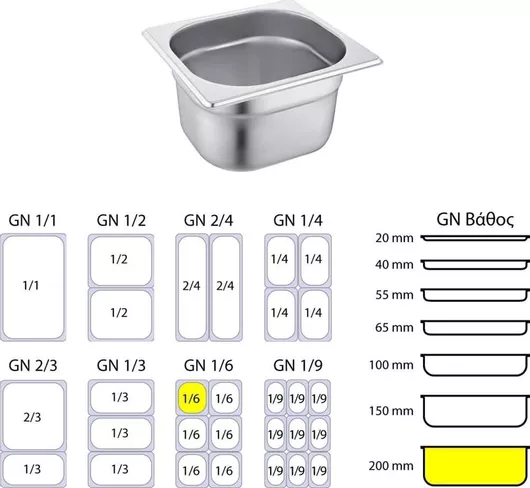 Σκεύος Gastronorm GTSA Ανοξείδωτο GN1/6 με Βάθος 200mm