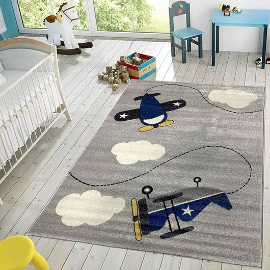 Παιδικό Χαλί Emporio Collection Μηχανής Αεροπλανάκι 240x200cm Γκρι/Μπλε