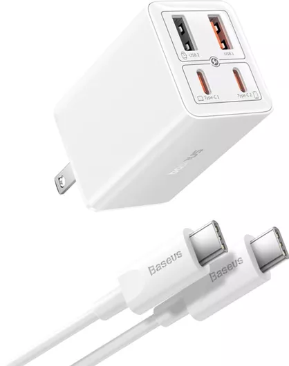 Φορτιστής Κινητού Τηλεφώνου Baseus με Καλώδιο 65W με 2 Θύρες USB-C & 2 Θύρες USB-A Λευκό