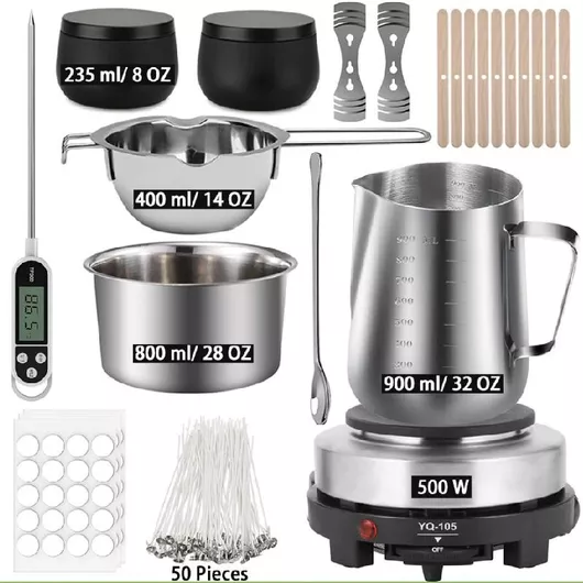 Μπεν Μαρί Κιτ Β 900ml Βραστήρας/800ml Εξωτερικό Δοχείο/400ml Εσωτερικό Δοχείο/19 cm Κουτάλι Ανάδευσης/500w Ηλεκτρονική Εστία/12cm Φυτίλια x 50/Αυτοκόλλητα x 60