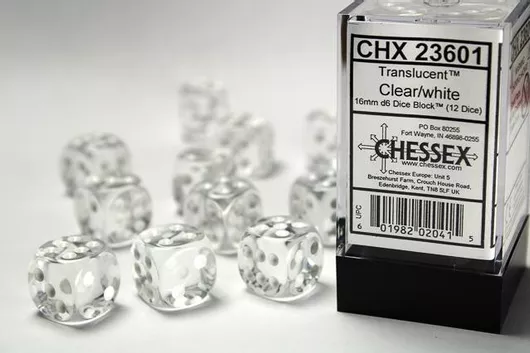 Chessex Translucent 16mm Σετ 12τμχ Διάφανο/Λευκό