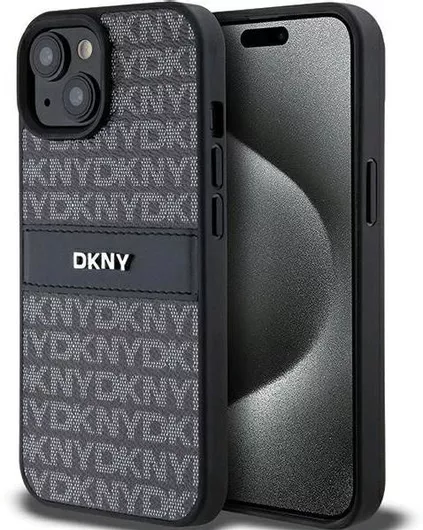 Dkny Pu Leather Repeat Pattern Tonal Stripe Case iPhone 15 Black