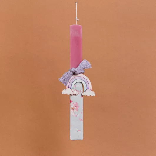 Πασχαλινή Λαμπάδα Beauty Home Στολισμένη Ουράνιο Τόξο Στρογγυλή για Κορίτσια Λευκό/Ροζ