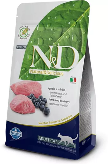Ξηρά Τροφή N&D Grain Free Adult Lamp & Bluberry 1.5kg με Λίγα Σιτηρά για Ενήλικες Γάτες με Αρνί 