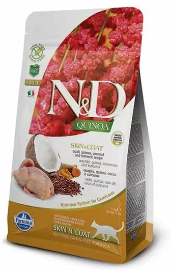 Ξηρά Τροφή N&D Grain Free Quinoa Quail Skin & Coat 1.5kg για Ενήλικες Γάτες χωρίς Σιτηρά & Γλουτένη με Ορτύκι 