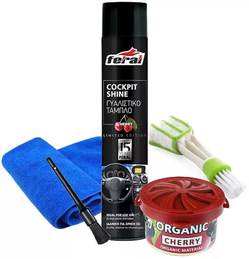 Feral 236484 Σετ Γυαλίσματος Ταμπλό Περιποίησης Αυτοκινήτου Feral 5 Τεμαχίων Βούρτσα Γυαλιστικό Ταμπλό Άρωμα Κεράσι 750ml Πετσέτα Καθαρισμού Microfiber Αρωματικό Κονσέρβα Άρωμα Cherry Βούρτσα Καθαρισμού Ειδική Αεραγωγούς