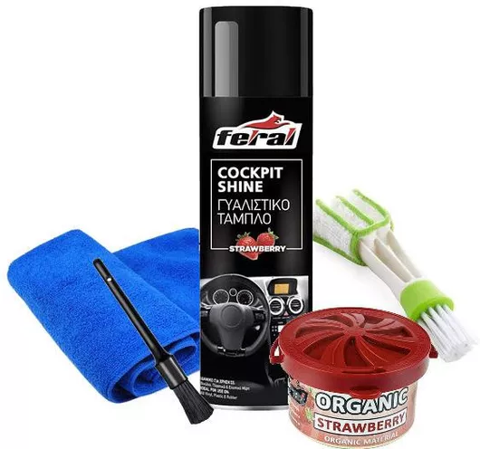 Feral 236478 Σετ Γυαλίσματος Ταμπλό Περιποίησης Αυτοκινήτου Feral 5 Τεμαχίων Βούρτσα Γυαλιστικό Ταμπλό Άρωμα Φράουλα Πετσέτα Καθαρισμού Microfiber Αρωματικό Κονσέρβα Φράουλα Βούρτσα Καθαρισμού Ειδική Αεραγωγούς
