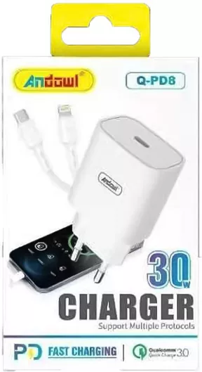 Φορτιστής Κινητού Andowl Q-PD8 με Θύρα USB-C & Καλώδιο USB-C σε Lightning 30W Λευκό