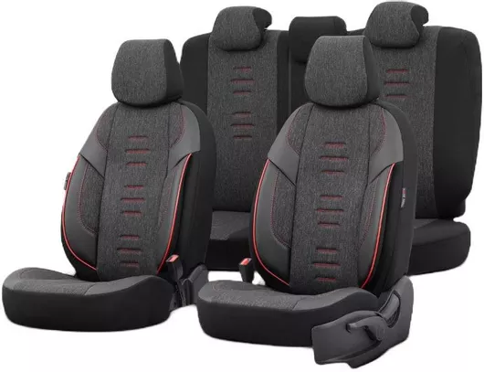 Καλύμματα Αυτοκινήτου Otom Throne Universal Λινό Ύφασμα/Rachel/Δερματίνη Σετ Εμπρός/Πίσω THR-101 11τμχ Μαύρο/Κόκκινο Ραφή