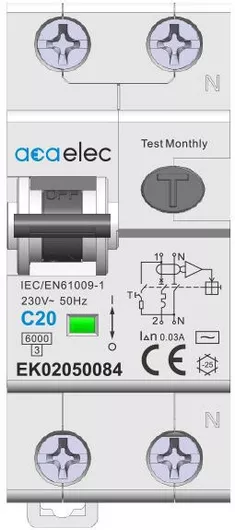 Ρελέ Ράγας Διαρροής Aca EK02050084 RCBO 1P+N C20