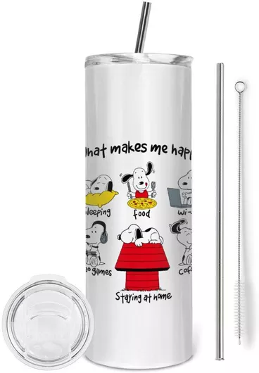 Θερμός Snoopy What Makes My Happy Ποτήρι Ανοξείδωτο με Καλαμάκι 600ml Λευκό