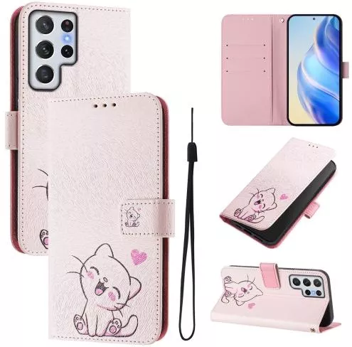 Θήκη Κινητού Wallet με Hand Strap για Samsung Galaxy S22 Ultra 5G Δερματίνη Cute Cat Πολύχρωμο
