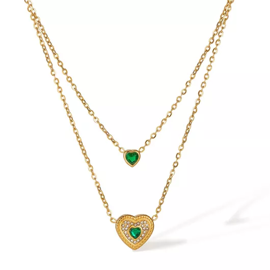 Γυναικείο Κολιέ Silverline Διπλό από Ανοξείδωτο Ατσάλι  με Καρδιές & Ζιργκόν 40cm Επιχρυσωμένο