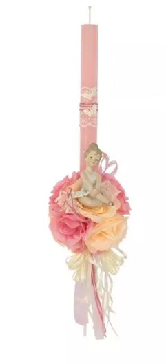 Πασχαλινή Λαμπάδα Γεραλής Δημιουργίες με Στολίδι με Πον Πον Καρδιά Νεράιδα Ροζ