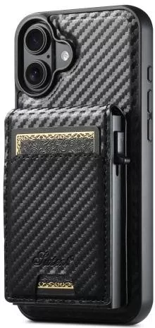 Θήκη Κινητού Wallet για iPhone 16 Suteni H19 Carbon Fiber Grain 2-in-1 MagSafe Removable Card Box Back Black