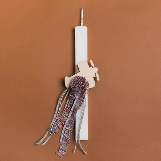 Πασχαλινή Λαμπάδα Beauty Home με Στολίδι Αεροπλάνο με Κρόσσι Πλακέ για Αγόρια 33cm Λευκό