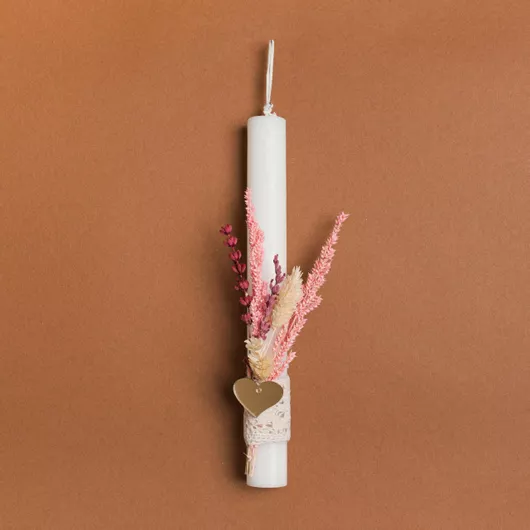 Πασχαλινή Λαμπάδα Beauty Home με Στολίδι Αποξηραμένα με Καρδιά Plexi Glass Εκρού Στρογγυλό για Κορίτσια 25cm Λευκό