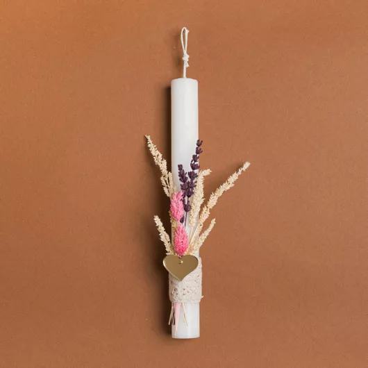 Πασχαλινή Λαμπάδα Beauty Home Αποξηραμένα με Καρδιά Plexi Glass Ροζ Στρογγυλό Λευκό