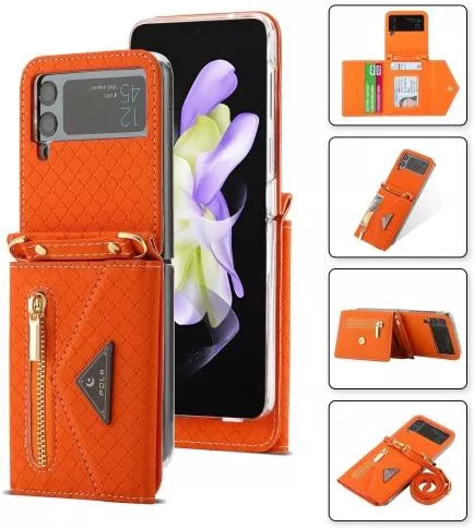 Θήκη Κινητού Back Cover για Samsung Galaxy Z Flip4 Δερματίνη με Υποδοχή Κάρτας Πορτοκαλί