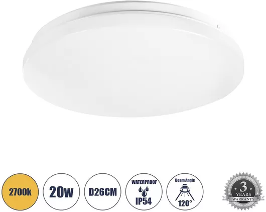Πλαφονιέρα Οροφής GloboStar Celano 61007 Εξωτερικού Χώρου με Ενσωματωμένο LED Θερμό Λευκό 2700K 20W 1800lm IP54 Λευκό 