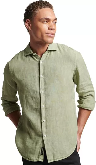 Superdry Stud Linen Μακρυμάνικo Λινό Πουκάμισο σε Κανονική Γραμμή Green Lily