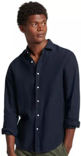 Superdry Stud Linen Μακρυμάνικo Λινό Πουκάμισο σε Κανονική Γραμμή Navy Μπλε