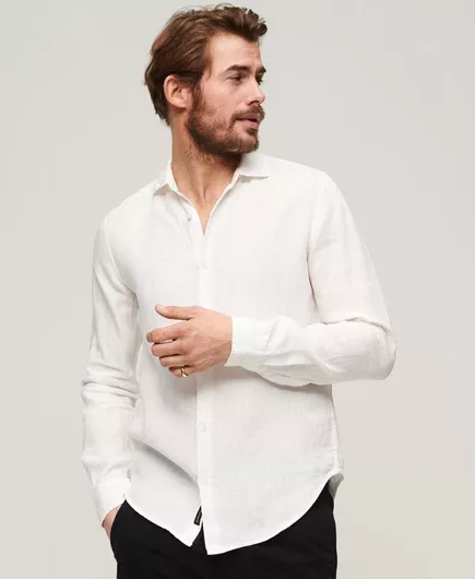 Superdry Stud Linen Μακρυμάνικo Λινό Πουκάμισο σε Κανονική Γραμμή Λευκό