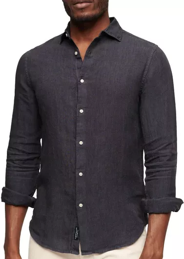 Superdry D3 Stud Studios Casual Μακρυμάνικo Λινό Πουκάμισο σε Κανονική Γραμμή Black