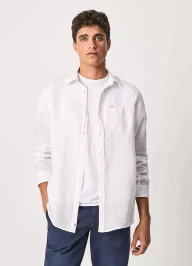 Pepe Jeans Μακρυμάνικo Λινό Πουκάμισο σε Κανονική Γραμμή Λευκό