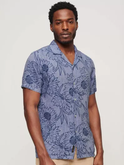 Superdry Stud Κοντομάνικο Λινό Πουκάμισο Floral Μπλε