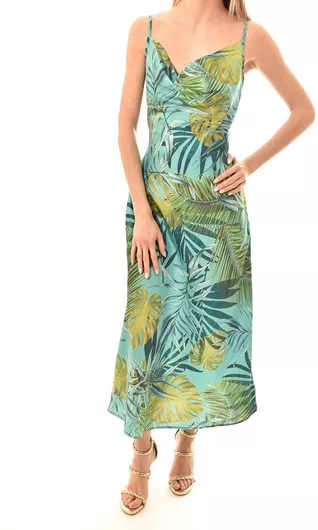 Guess Akilina Καλοκαιρινό Midi Βραδινό Φόρεμα Κομπινεζόν Σατέν Ντραπέ Πράσινο