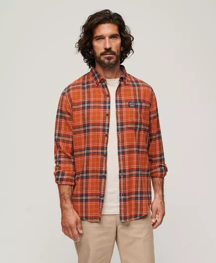 Superdry Μακρυμάνικo Βαμβακερό Πουκάμισο σε Κανονική Γραμμή Καρό Πορτοκαλί