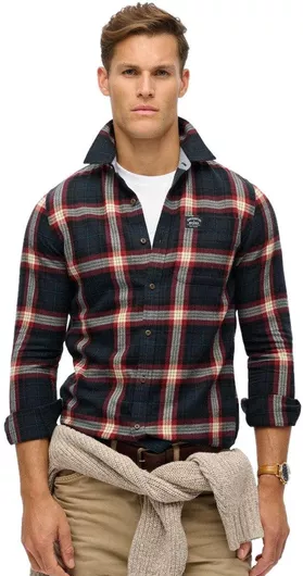 Superdry Μακρυμάνικo Φανελένιο Πουκάμισο σε Κανονική Γραμμή Καρό Navy Μπλε